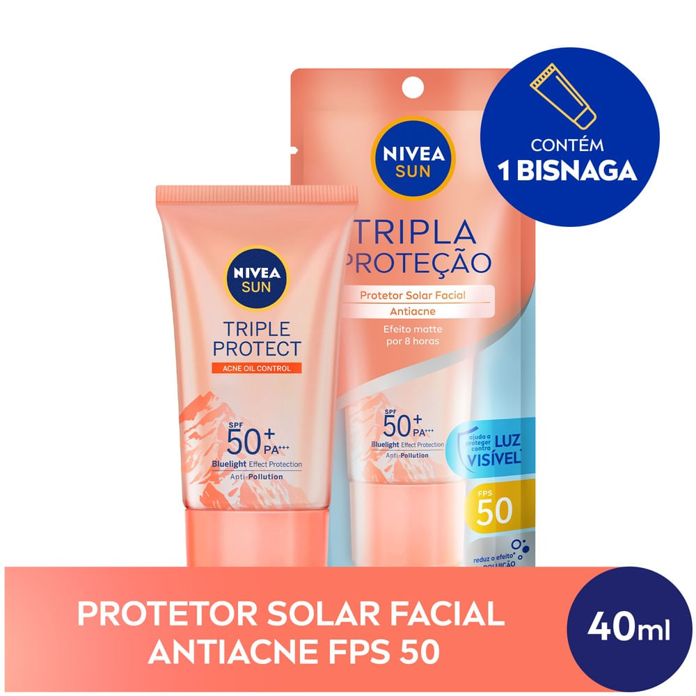 NIVEA SUN Protetor Solar Facial Tripla Proteção Loção Antiacne FPS50 40ml