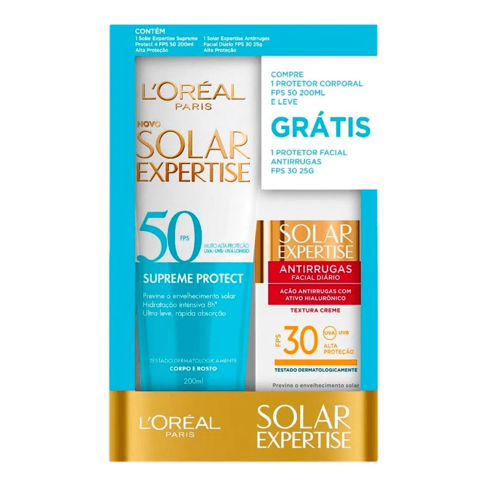 Kit Protetor Solar L'Oréal Paris Expertise Facial Antirrugas FPS 30 25g + Corporal Supreme Protect 4 FPS 50 200ml
