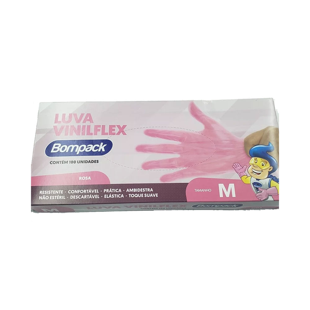 Luva Bompack Vinilflex Sem Pó Rosa C/ 100 Unidades M