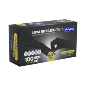 Luva Bompack Nitrilica com 100 Unidades Preta GG
