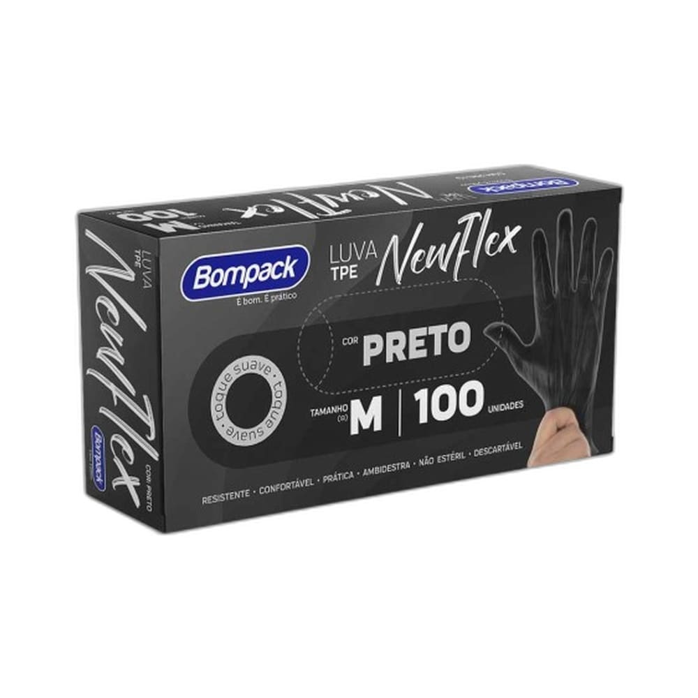 Luva Bompack Vinilflex Preta 100 Unidades M